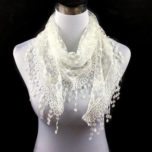 Casual Wintersweet Embroidery Tassel Triangle Trim Lace Scarf - White