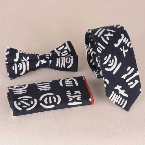 Casual Oracle Calligraphy Pattern Tie Pocket Square Bow Tie - Purplish Blue