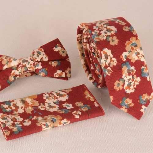 Casual Oil Painting Tiny Flower Pattern Tie Pocket Square Bow Tie - Wine Red