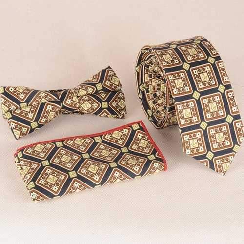 Casual Retro Plaid Pattern Tie Pocket Square Bow Tie - Brown
