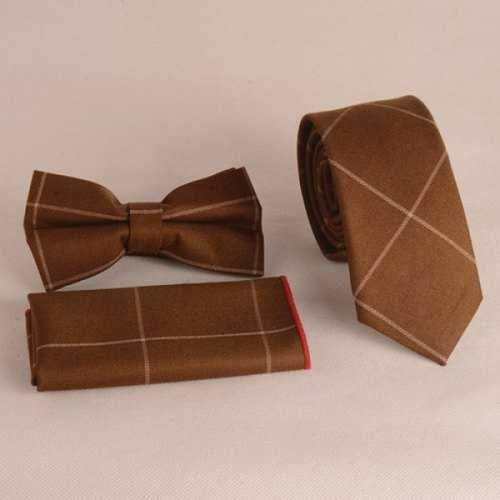 Casual Chessboard Gingham Pattern Tie Pocket Square Bow Tie - Brown