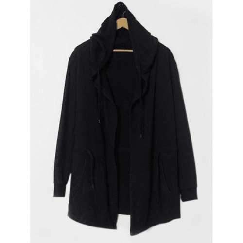 Drawstring Waist Long Sleeve Hooded Longline Coat - Black L