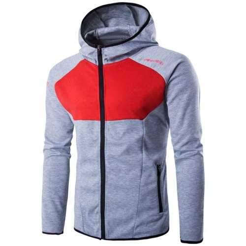 Hooded Color Block Spliced Long Sleeve Letter Print Zip-Up Spliced Hoodie - Light Gray Xl