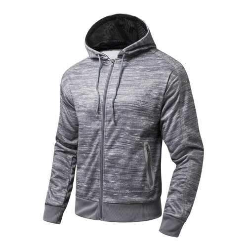 Drawstring Hood Zipper-Up Marled Hoodie - Gray L