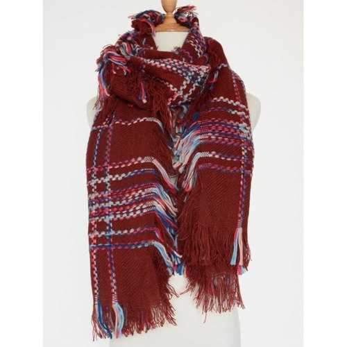 Casual Plaid Braid Fringed Edge Shawl Scarf - Wine Red