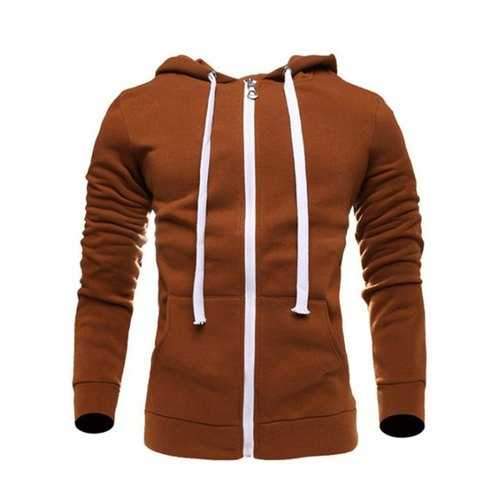 Zip Up Long Sleeves Plain Drawstring Brown Hoodie - Camel 2xl