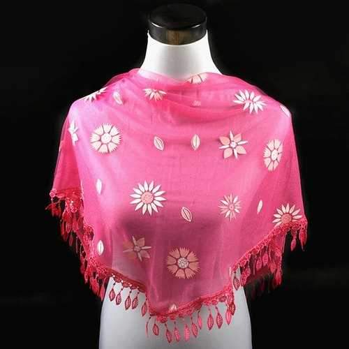 Leaf Embroidery Pendant Flower Pattern Triangle Lace Scarf - Rose Red
