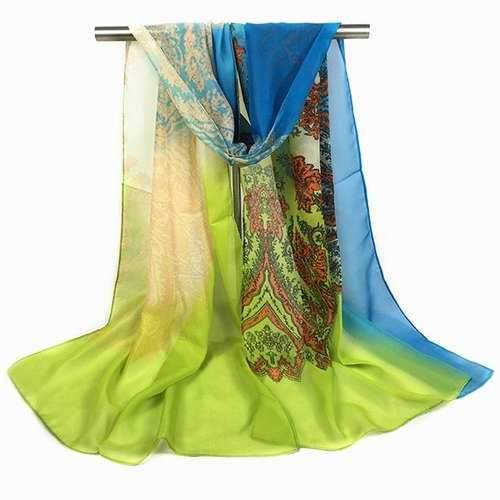 Paisley and Gradient Print Chiffon Scarf - Neon Green