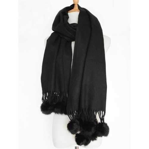 Small Fuzzy Ball Pendant Solid Shawl Scarf - Black