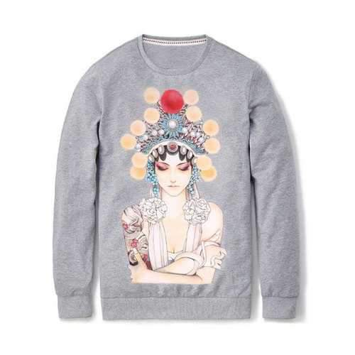 Peking Opera Figure Print Crew Neck Pullover Sweatshirt - Gray L