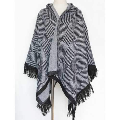 Winter Geometry Square Tassel Hooded Pashmina - White And Black