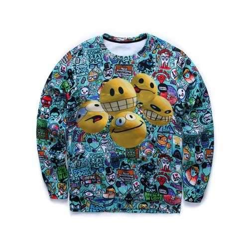 3D Cartoon Smile Face Print Round Neck Long Sleeve Sweatshirt - Blue L