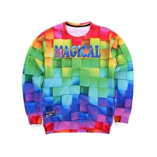 3D Colorful Cube Print Round Neck Long Sleeve Sweatshirt - Xl