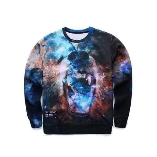 3D Fierce Bear Starry Sky Print Round Neck Long Sleeve Sweatshirt - L
