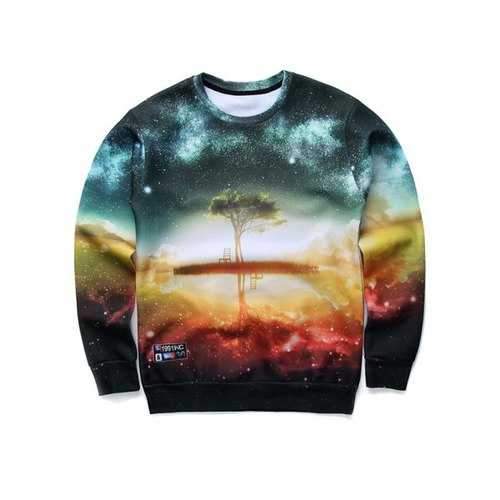 3D Starry Sky and Tree Print Round Neck Long Sleeve Sweatshirt - L