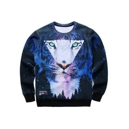 3D Starry Sky and Tiger Print Round Neck Long Sleeve Sweatshirt - M
