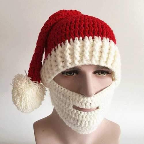 Christmas Knitted Beard Face Hat - Red