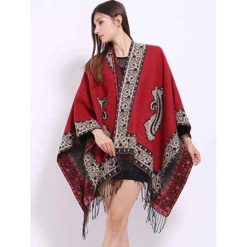 Ethnic Floral Design Tassel Shawl Scarf - Red