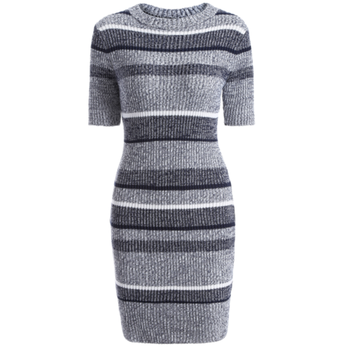 Jewel Neck Short Sleeve Striped Sweater Dress - One Size