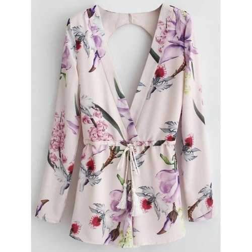 Floral Print Long Sleeve Cut Out Romper - Pink M