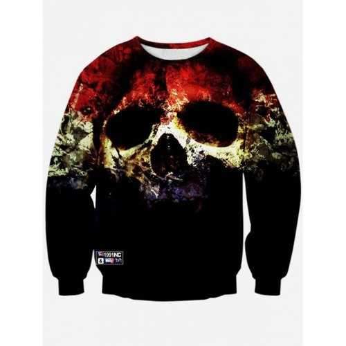 Crew Neck 3D Horrific Skull Printed Sweatshirt - Black M