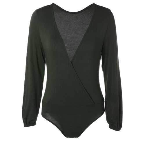 Plunging Neck Long Sleeve Bodysuit - Blackish Green Xl