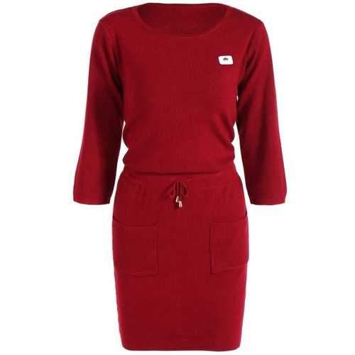 Mini Drawstring Sweater Dress - Dark Red One Size