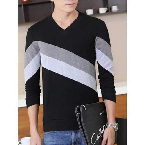 V-Neck Diagonal Striped Color Block Sweatshirt - White And Black 3xl