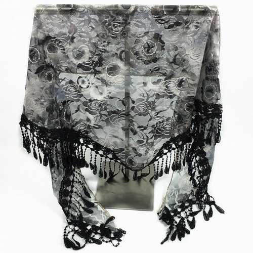Feather Pendant Flower Pattern Trim Lace Triangle Scarf - Black