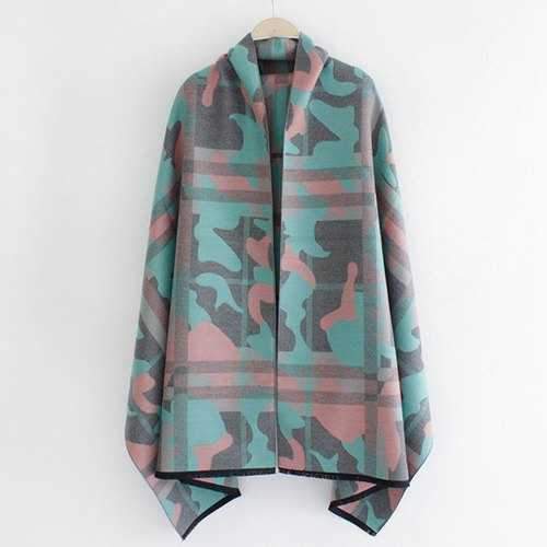 Fringed Edge Camouflage and Plaid Pattern Shawl Pashmina - Light Blue