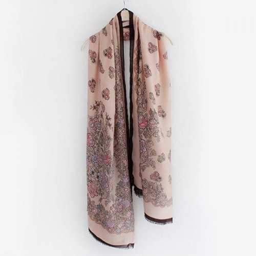Retro Flowers Pattern Fringed Edge Shawl Scarf - Khaki