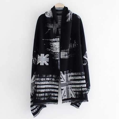 Union Flag Stripe Print Fringed Edge Shawl Pashmina - Light Gray