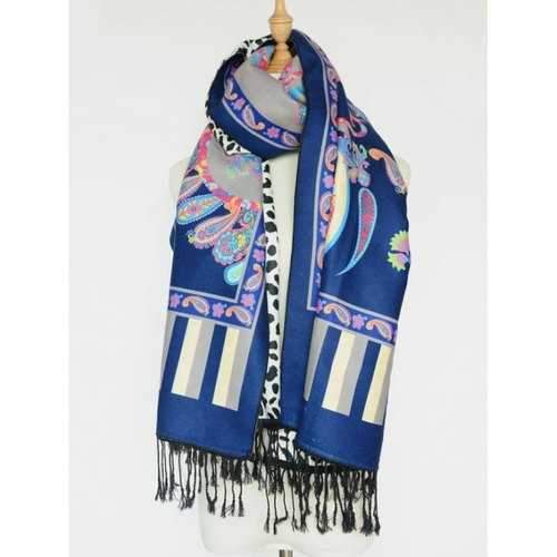 Ethnic Paisley and Leopard Pattern Tassel Shawl Scarf - Deep Blue