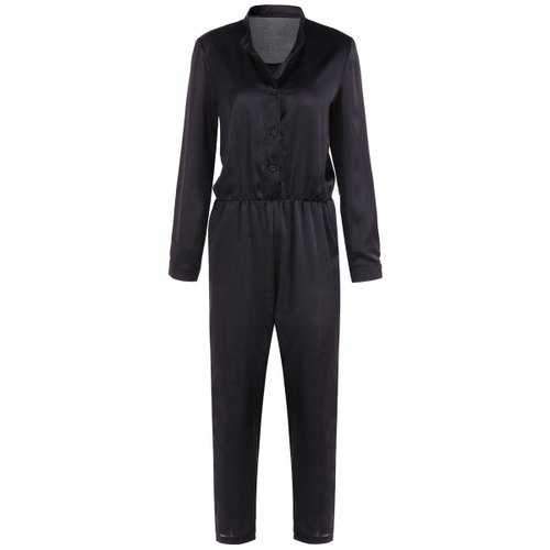 Long Sleeves Elastic Waist Buttoned Jumpsuit - Black Xl