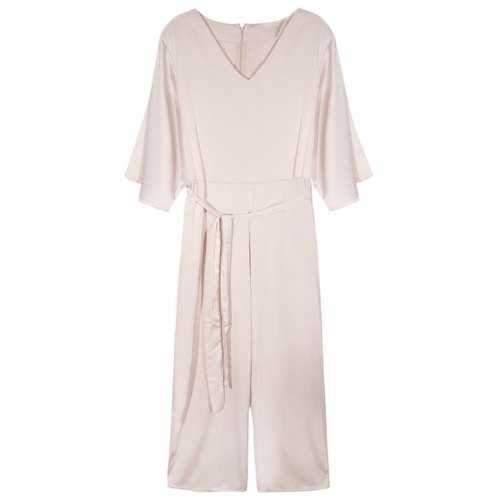 V Neck Flare Sleeve Belted Jumpsuit - Nude Pink L