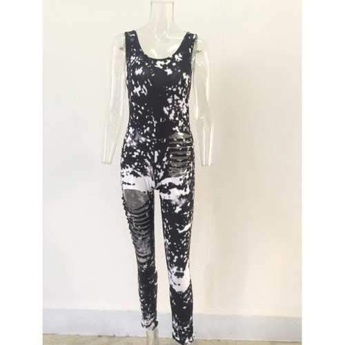 Slim Broken Hole Tied-Dyed Jumpsuit - Black S