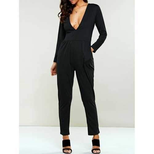 Low Cut Long Sleeve Jumpsuit - Black M