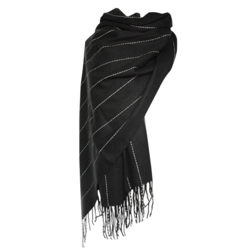 Vertical Stripe Pattern Tassel Scarf - Black