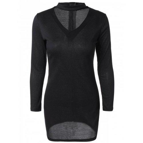 Cut Out Long Sleeve Mini Sweater Dress - Black Xl