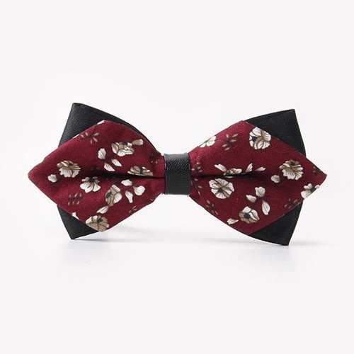 Banquet Small Flowers Print Sharp-Angled Double-Deck Bow Tie - Wine Red