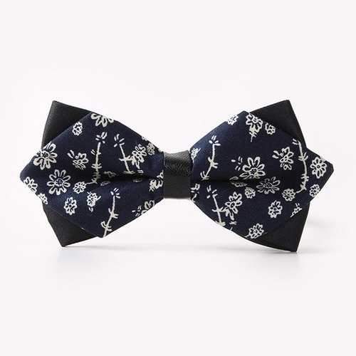 Banquet Sketch Flower Print Sharp-Angled Double-Deck Bow Tie - Purplish Blue