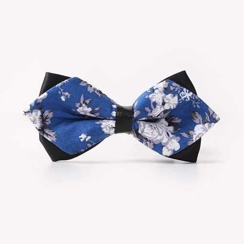 Banquet Flower Leaf Print Sharp-Angled Double-Deck Bow Tie - Blue