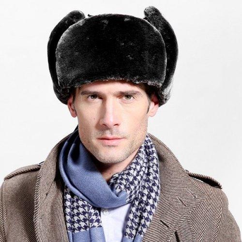 Outdoor Faux Fur and Button Embellished PU Lei Feng Hat - Black