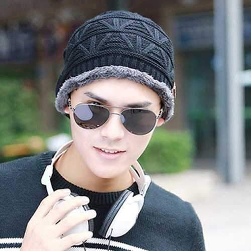 Warm Short Stripe Thicken Double-Deck Knit Ski Hat - Black