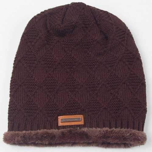 Warm Rhombus Crochet Thicken Double-Deck Knit Ski Hat - Coffee