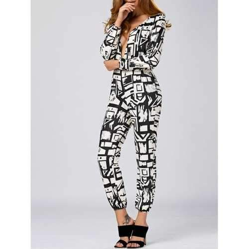 Plunging Neck Geometric Print Jumpsuit - Black L