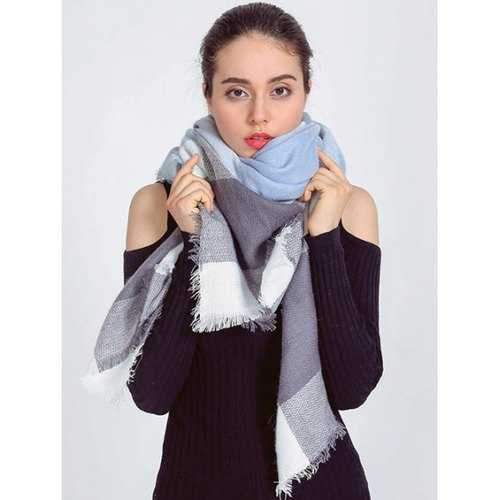 Autumn Plaid Pattern Fringed Edge Wrap Scarf - Light Blue