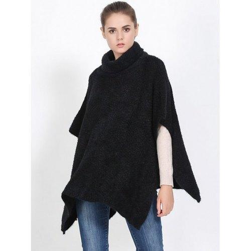 Streetwear High Neck Sweater Cape Poncho - Black