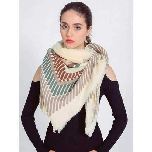 Streetwear Short Stripe Fringed Shawl Wrap Scarf - Beige