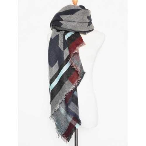 Winter Big Houndstooth Fringed Wrap Shawl Blanket Scarf - Cadetblue